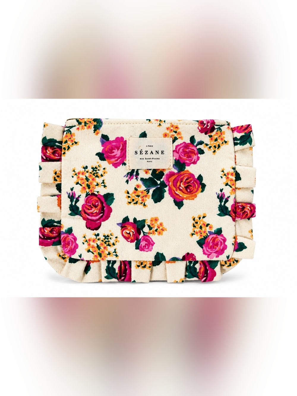 Sezane Paris Floral Ruffle Pouch Cosmetic Bag Clutch Roses Canvas Rare
